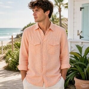 Banana Republic Mens Linen Western Shirt M Peach Button Up Lightweight Festival